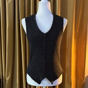 Vtg 90s/00s Y2K Dutch Courage Black Ribbed Button Front Vest Waistcoat Womens